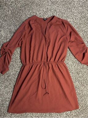 Express Rust-Orange Drawstring Waist Long Sleeve Dress